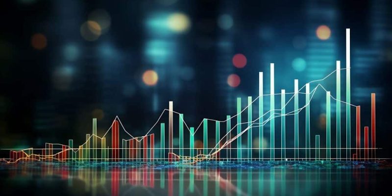 metricas-marketing-medir-sucesso Na imagem, um ggráfico de barras verticais, e linhas. Eles são bem futurísticos, um pouco transparente e de várias cores.